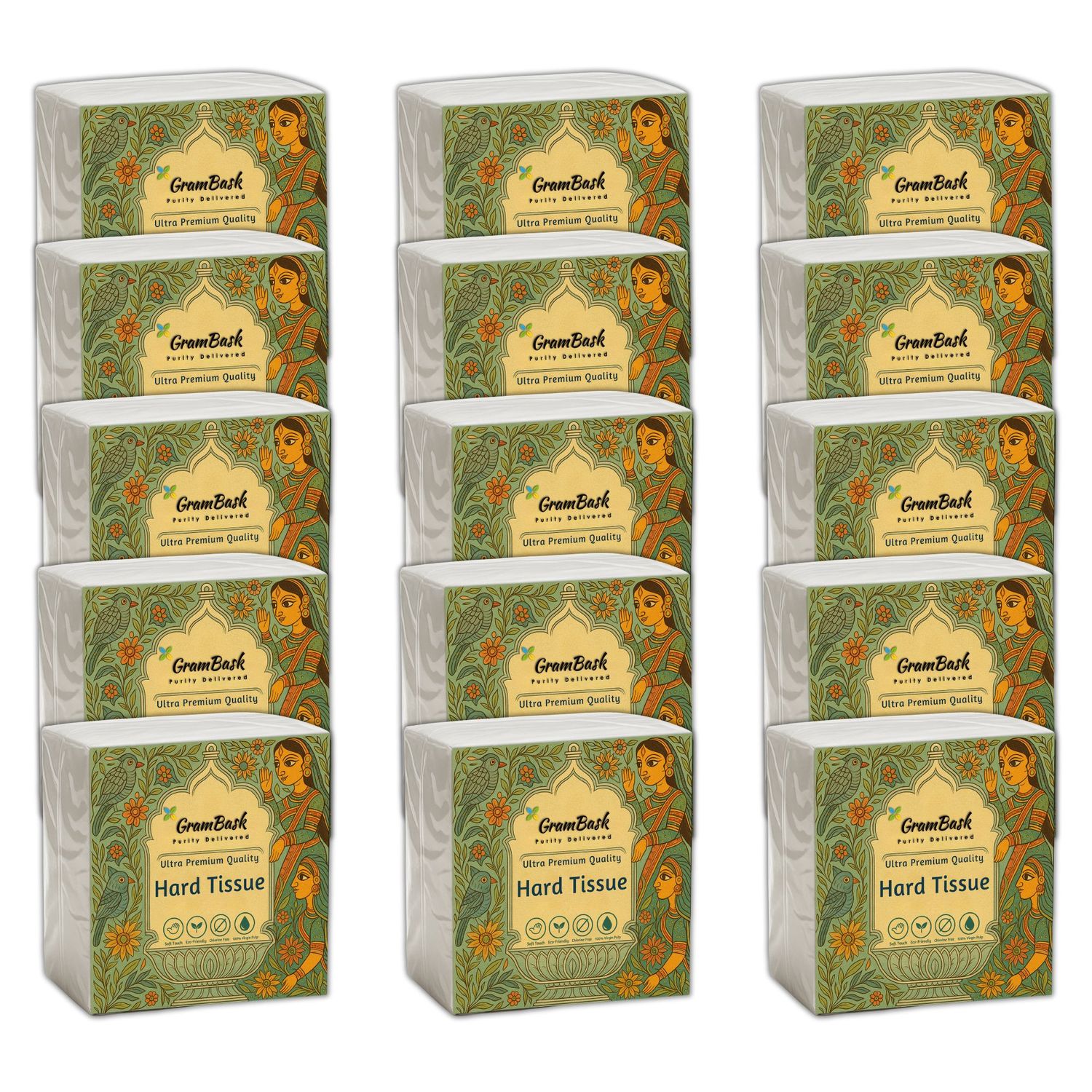 GRAMBASK - PURITY DELIVERED Hard 1 Ply Tissue Paper - 1200 Sheets | Pack of 15 x 80 Sheets