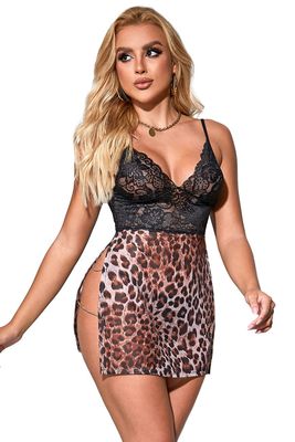 Lace and leopard print nightgown with thong