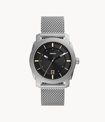 Machine Three-Hand Date Stainless Steel Mesh Watch