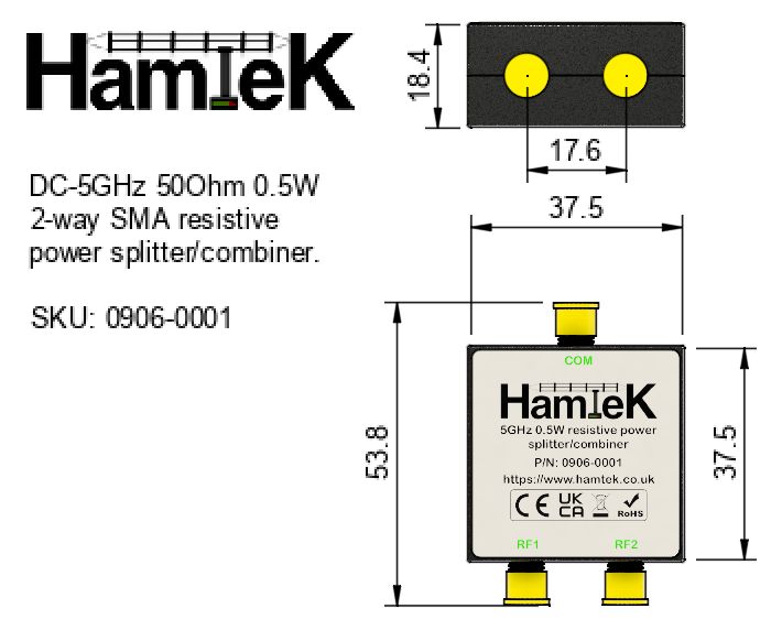 DC-5GHz 50Ohm 0.5W 2-way SMA resistive power splitter/combiner