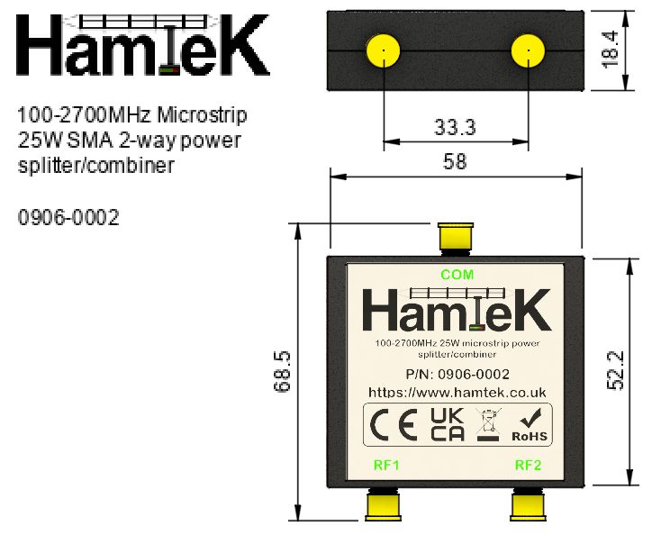 100-2700MHz Microstrip 25W SMA 2-way power splitter/combiner