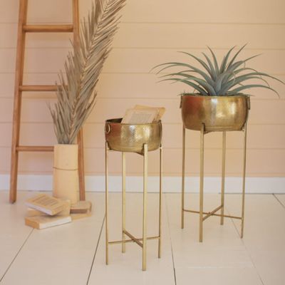 Brass Planters with Stands, Set of 2