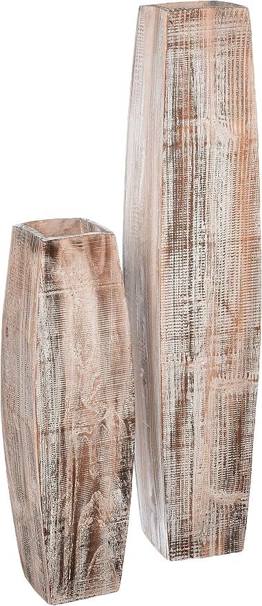 White Washed Tall Oblong Wooden Vases, Set of 2