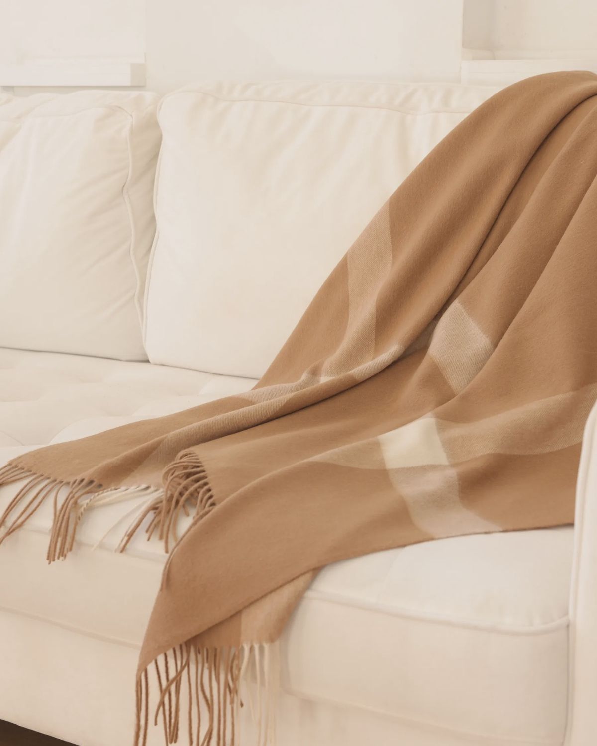95% Merino 5% Cashmere Frame Woven Throw, Color: Camel with White
