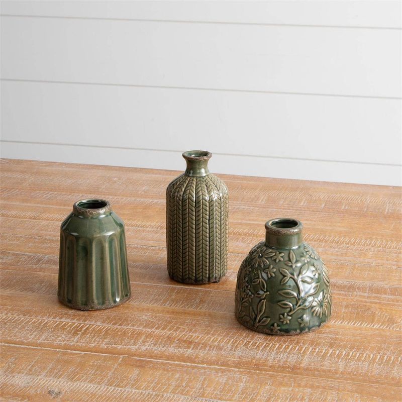 Textured Green Vases, set of 3
