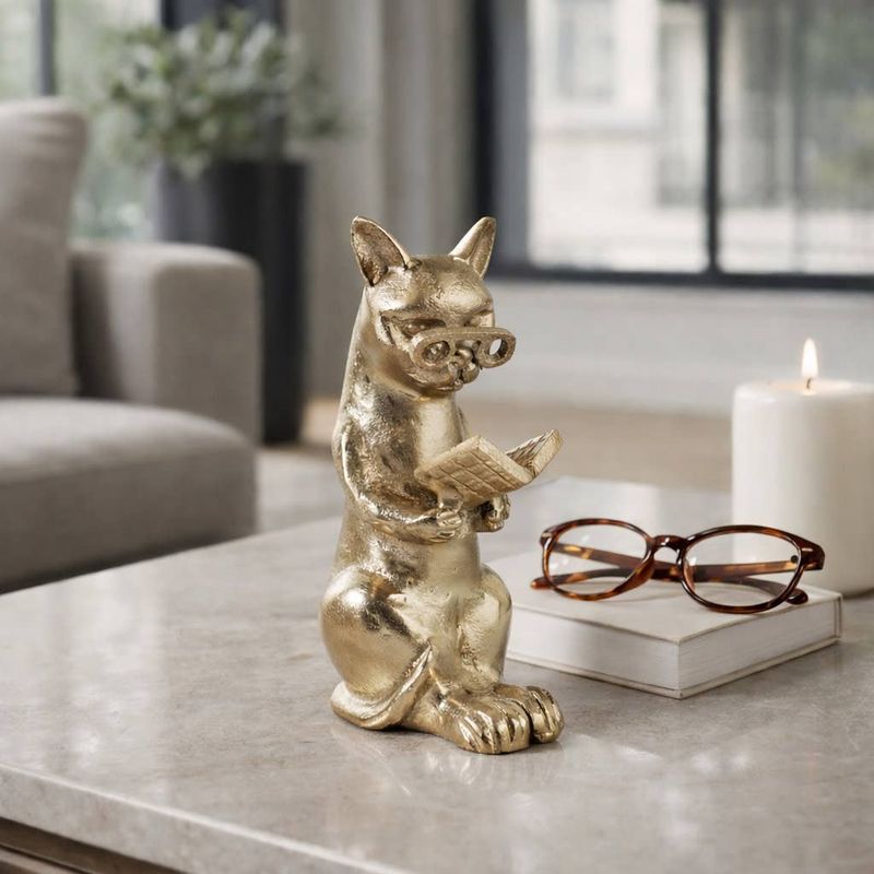 Gold Metal Reading Kitty with Glasses