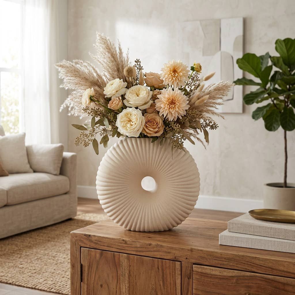 Ivory Ceramic Sculptural Donut Hole Vase