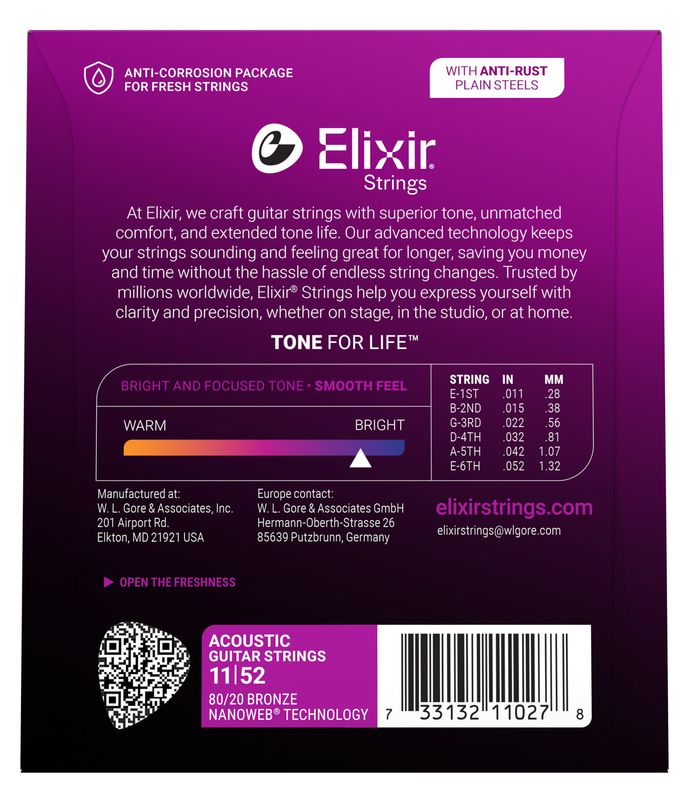 Elixir 11027 Nanoweb 80/20 Bronze Custom Light 11-52