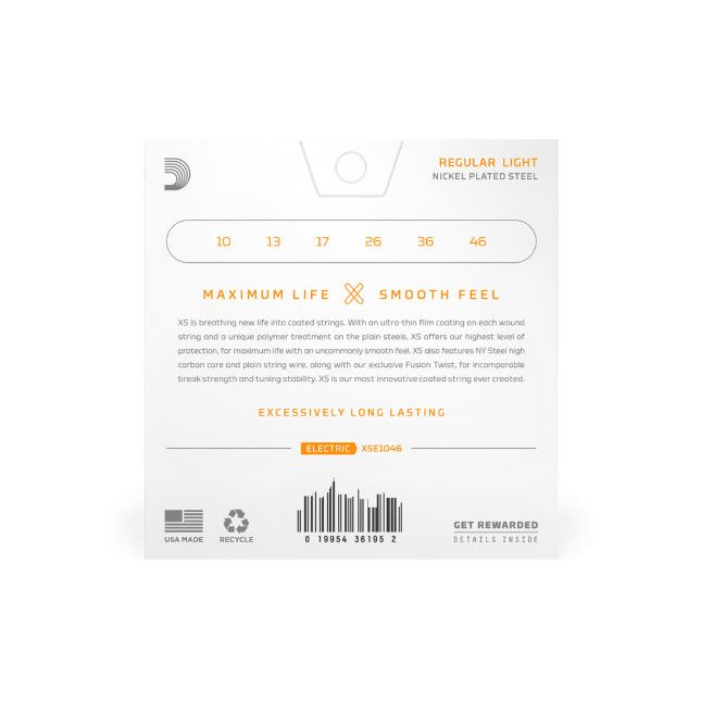 D'Addario XS Series 10-46 Regular Light, Nickel Coated Electric Guitar Strings