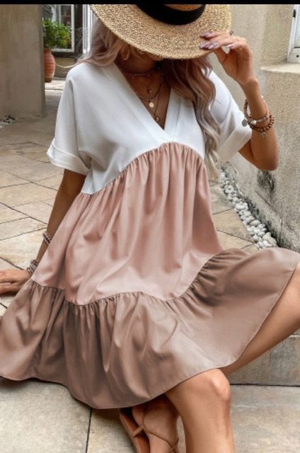 V Neck Folded Cuffs Tiered Loose Dress