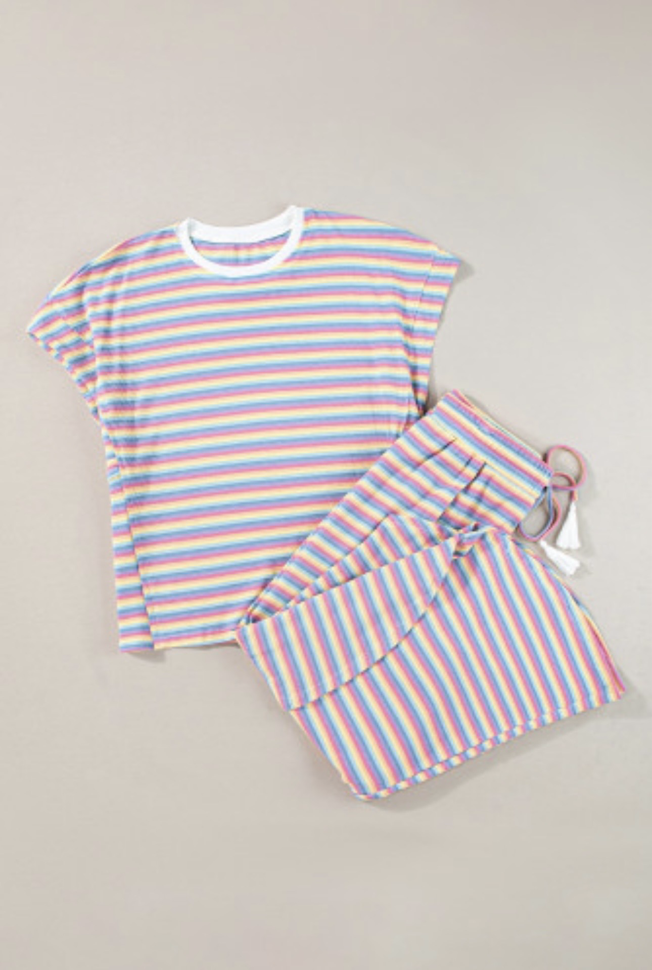 Rainbow Tee Tasseled String Wide Leg Pants Set