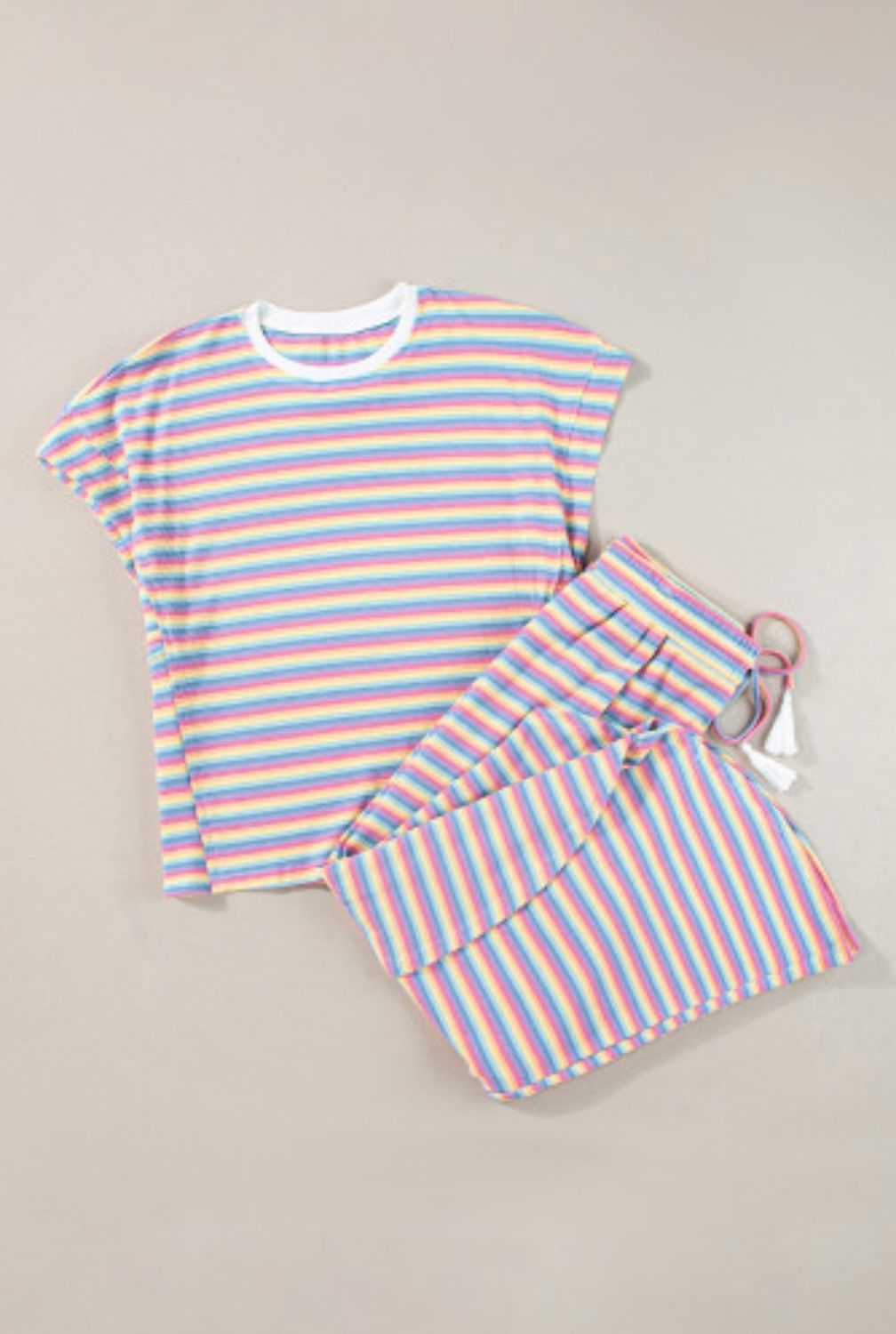 Rainbow Tee Tasseled String Wide Leg Pants Set