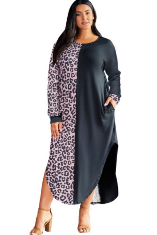 Plus Size Leopard Long Sleeve T shirt Dress