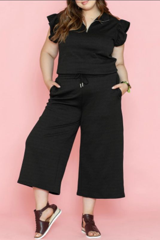 Ruffled Sleeve Quarter Zip Top Wide Leg Pants