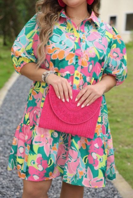 Floral Print Puff Sleeve Tiered Shirt Dress