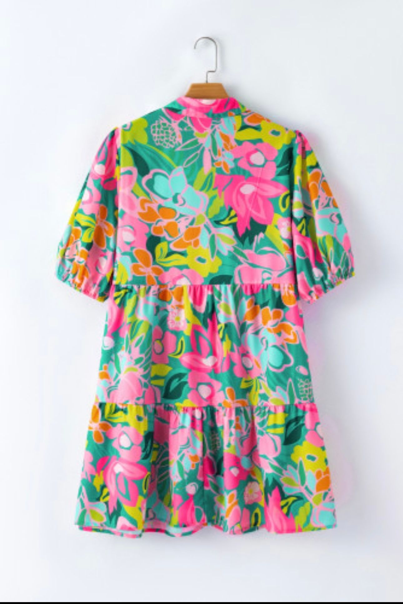 Floral Print Puff Sleeve Tiered Shirt Dress