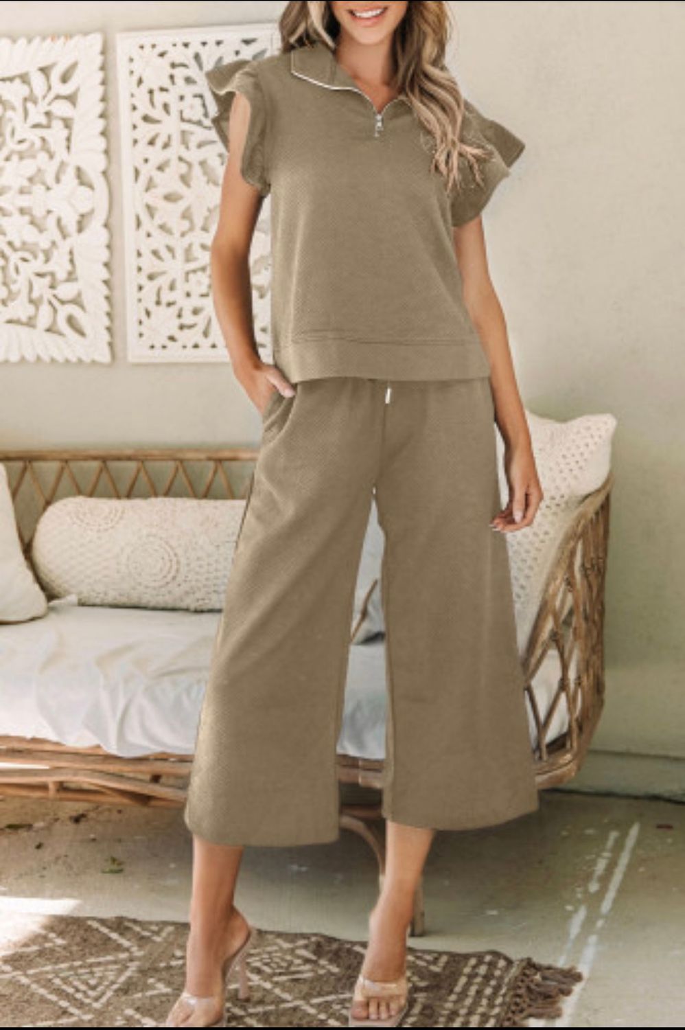 Flutter Sleeve Top Wide Leg Pant Set