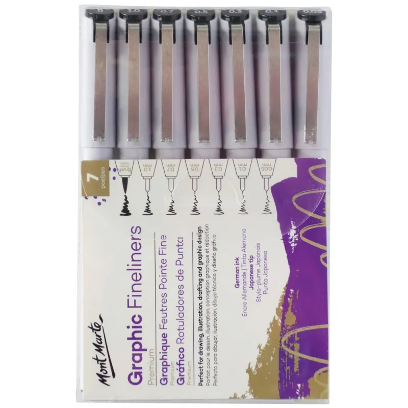 Estilógrafo Premium de dibujo técnico, Mont Marte set c/7 piezas, punta: 0,05, 0,1, 0,3, 0,5, 0,7, 1,0 tinta Alemana y punta japonesa