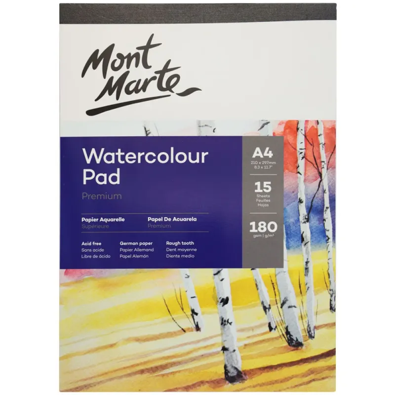 Block para ACUARELA de Papel alemán Premium Mont Marte A4 180 g/m² 15 hojas