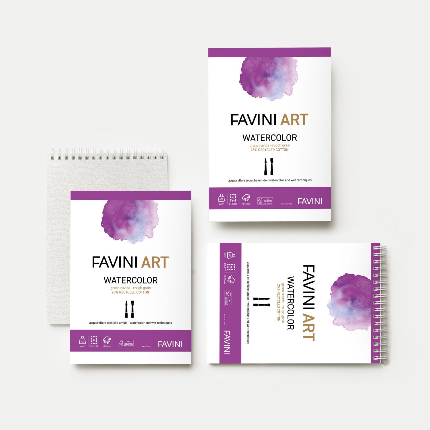 Cuaderno espiral FAVINI ART para ACUARELA  300grs. A5  20 hojas, 148x210 25% algodón reciclado