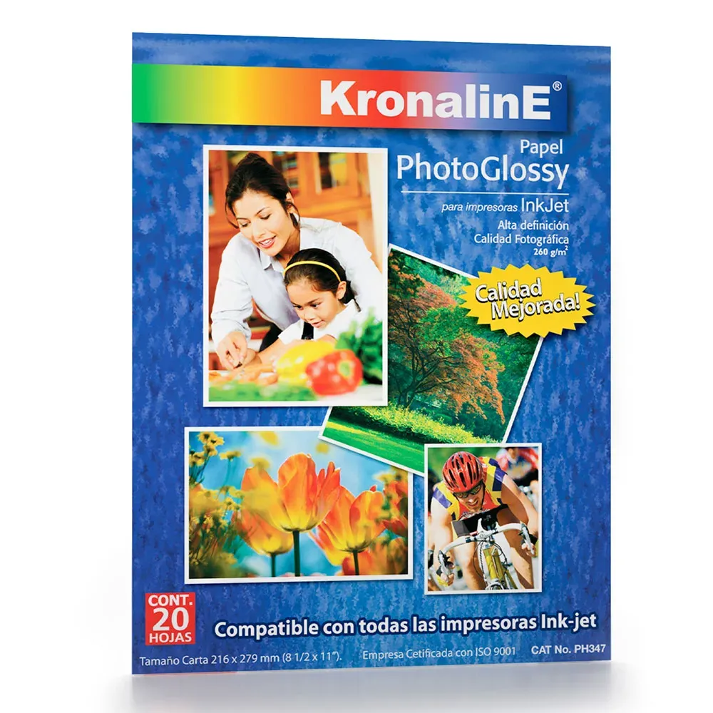 Papel fotográfico GLOSSY  260 g/m2 KRONALINE  PH347 para Ink-Jet, alta definición caja c/20 hojas