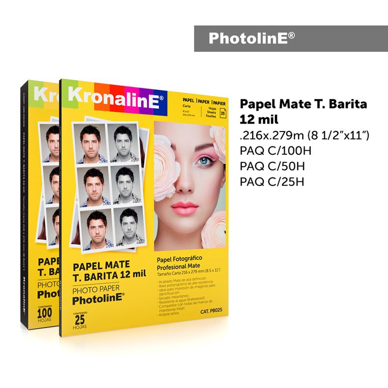 Papel fotográfico MATE TIPO BARITA PB025 KRONALINE c/25 hojas