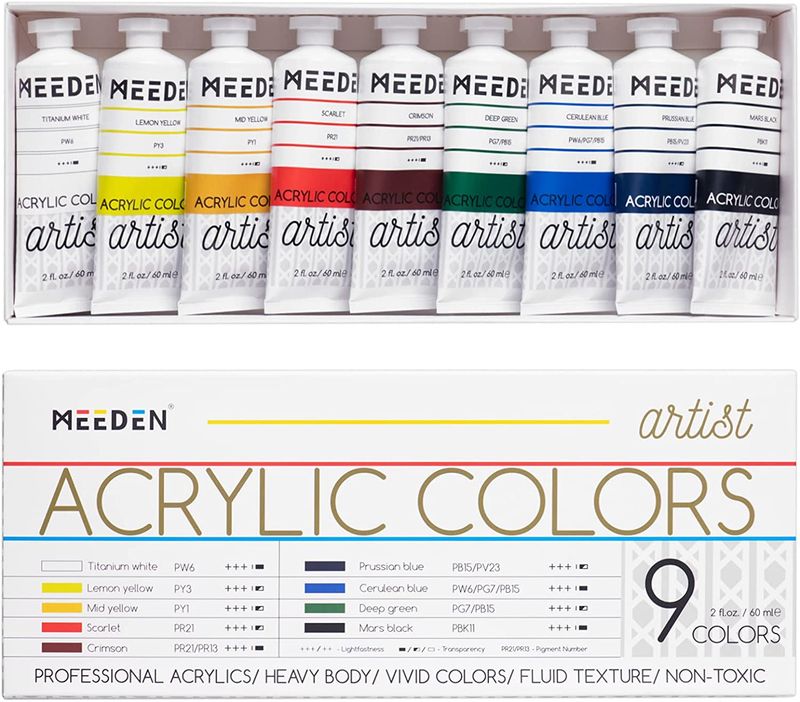 Set Pintura Acrílica Profesional MEEDEN 9 colores, tubos 60 ml, Cuerpo Pesado.