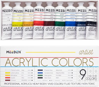 Set Pintura Acrílica Profesional MEEDEN 9 colores, tubos 60 ml, Cuerpo Pesado.