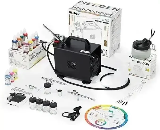 Kit de Aerógrafo profesional MEEDEN, Compresor c/24 Pinturas de Aerógrafo, 30 ml