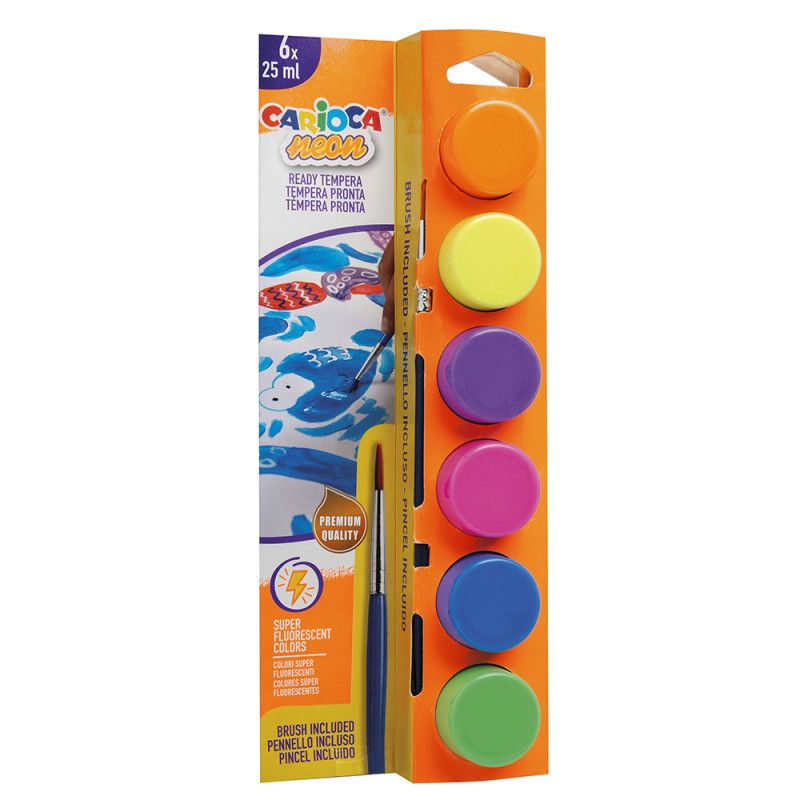 Témpera escolar CARIOCA en Frascos 25 ml Neón - 6 piezas