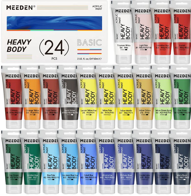 Set Pintura Acrílica Prof. MEEDEN 24 tubos 60 ml, Cuerpo Pesado.