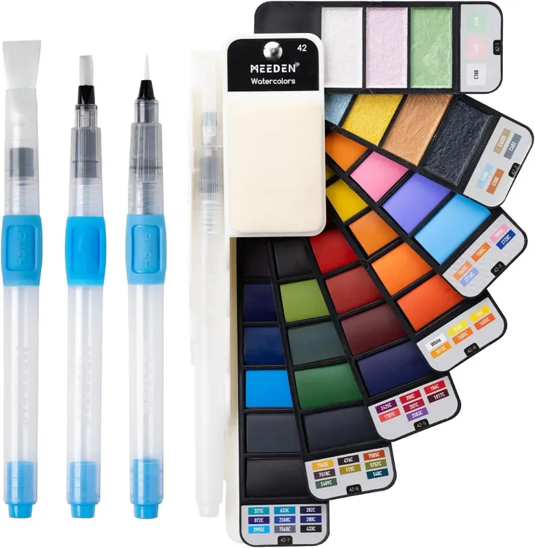 MEEDEN Travel Acuarela Set de Pintura, 42 Colores Surtidos con 4 Pinceles