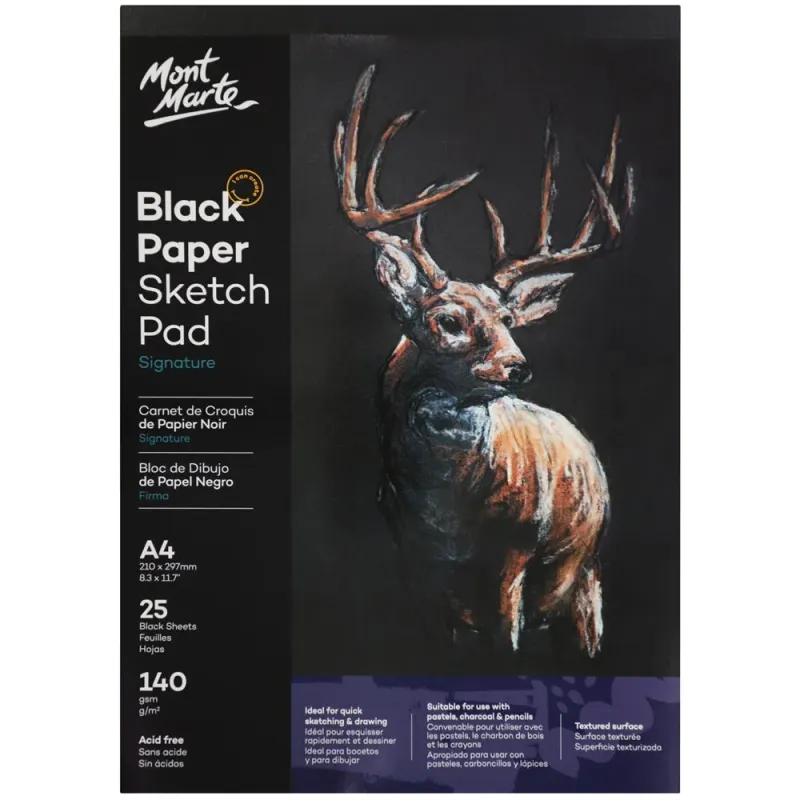 Block de bocetos de papel negro Mont Marte, 140 g/m², A4, 25 hojas
