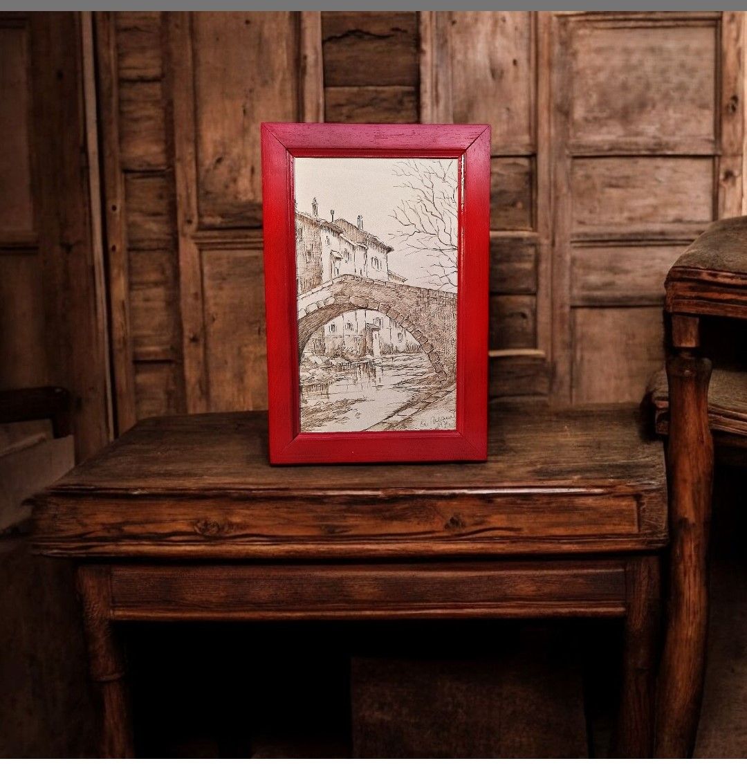 Cadre rouge  dessin  fait main en 1971