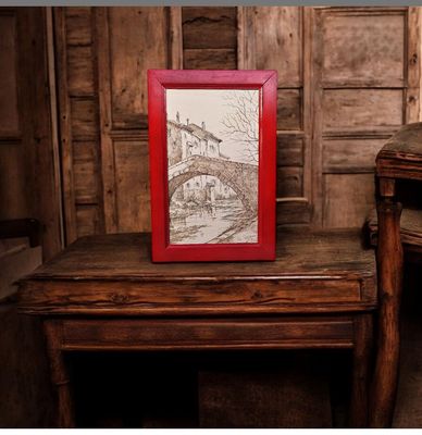Cadre rouge  dessin  fait main en 1971