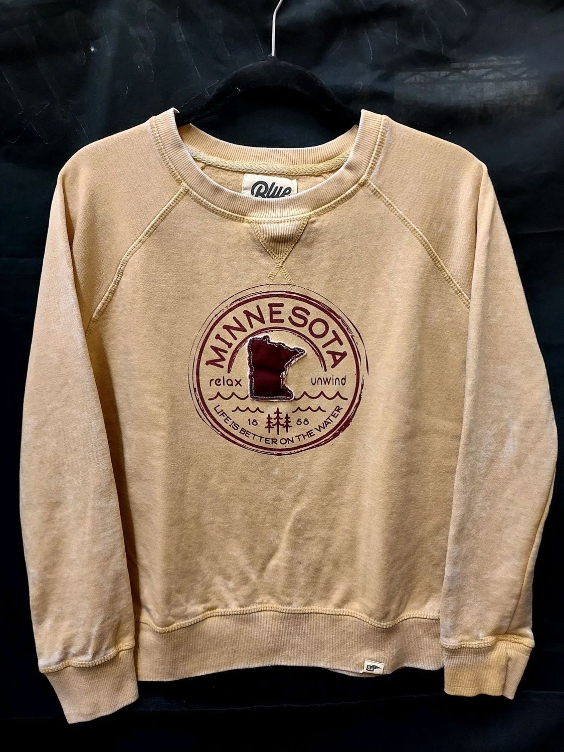 ^Blue 84 Burnout Fleece Crew "Relax, Unwind":, Color: Mustard:, Size: Small