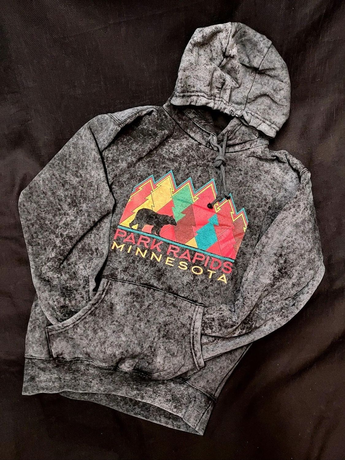 ^Blue 84 Mineral Wash Hoodie "Park Rapids MN":, Color: Black:, Size: Large
