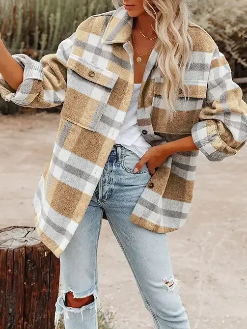 Lovesoft Khaki Plaid Button Flannel Shirt Jacket
