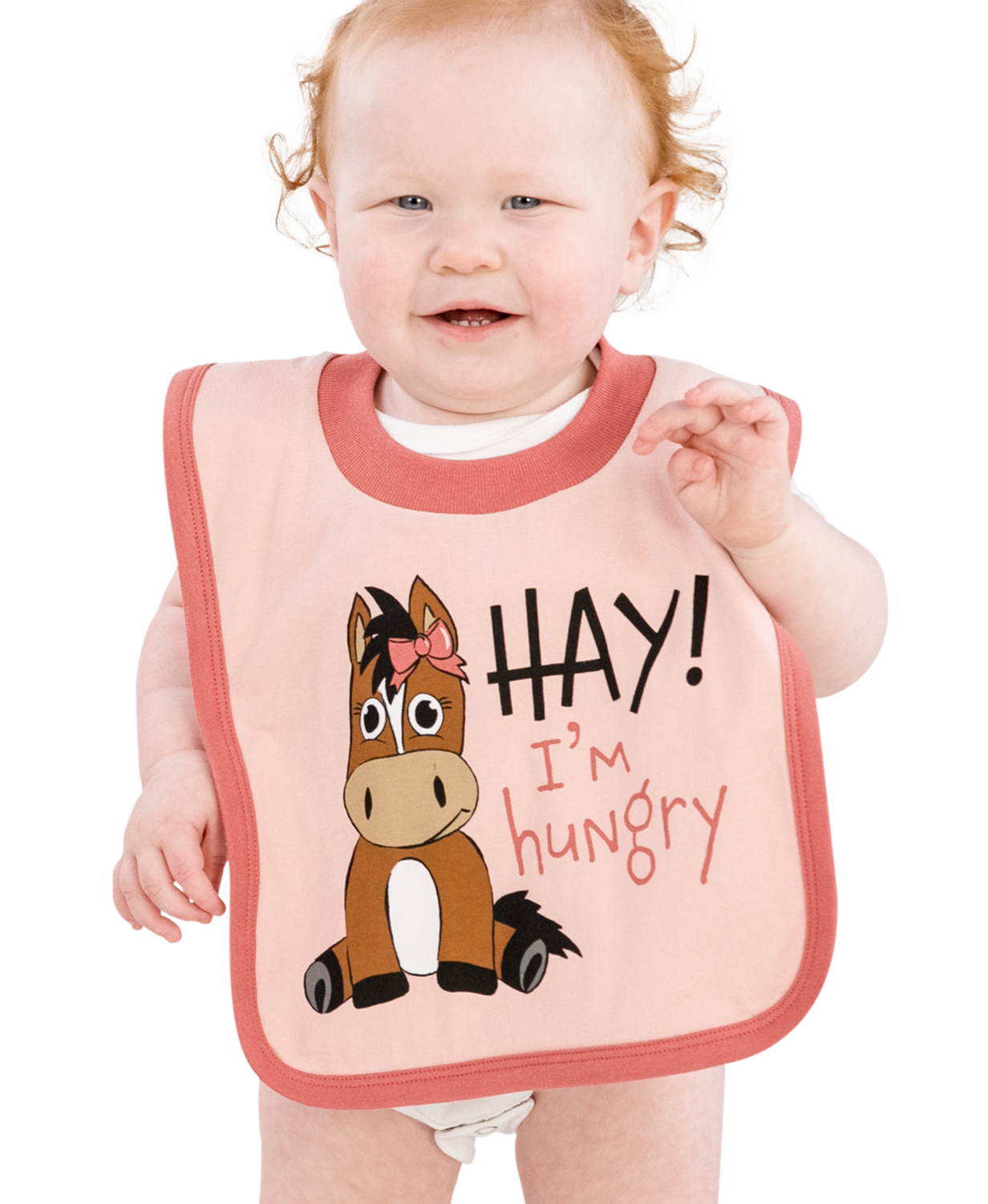 Hay I&#39;m Hungry Pink Infant Horse Bib