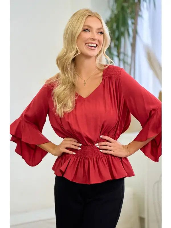 Smocked Yoke Peplum Blouse:, Color: Scarlet:, Size: Small