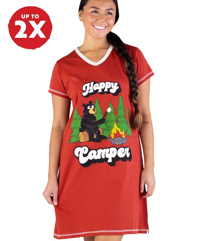 Lazy One Happy Camper Women&#39;s Red V-neck Nightshirt