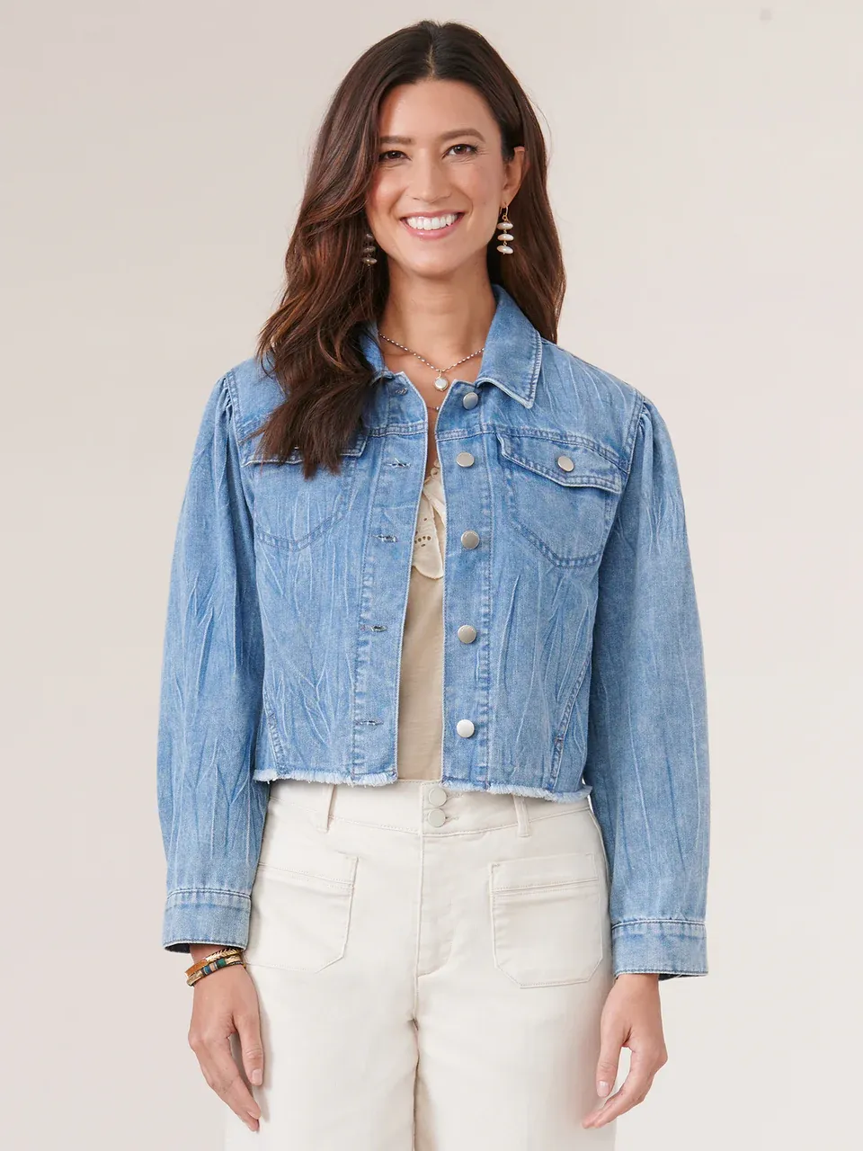 Democracy Long Puff Sleeve Button Down Fray Hem Denim Jacket