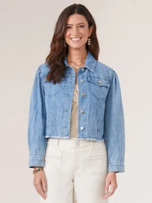 Democracy Long Puff Sleeve Button Down Fray Hem Denim Jacket