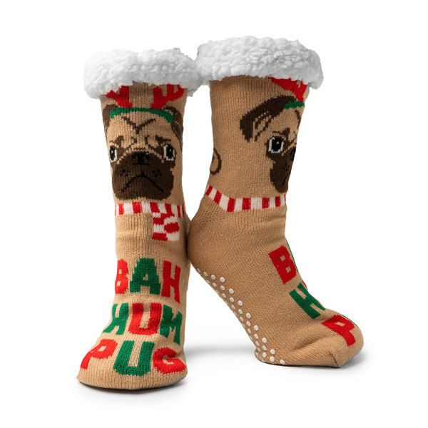 Two Left Feet Mistletoes Slipper Socks, Design: Bah Hum Pug