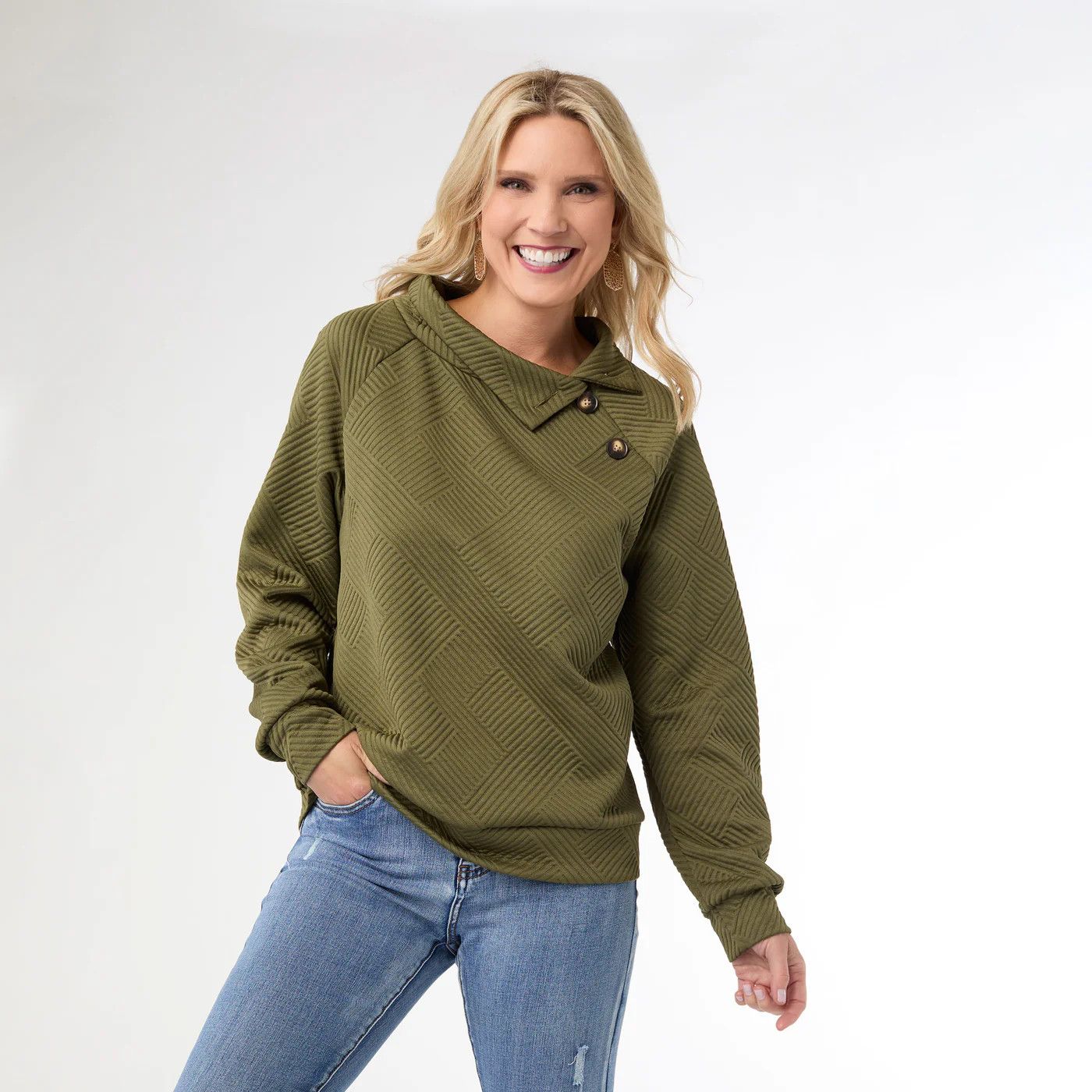 Coco + Carmen Phoenix Quilted Button Mock Neck Top: