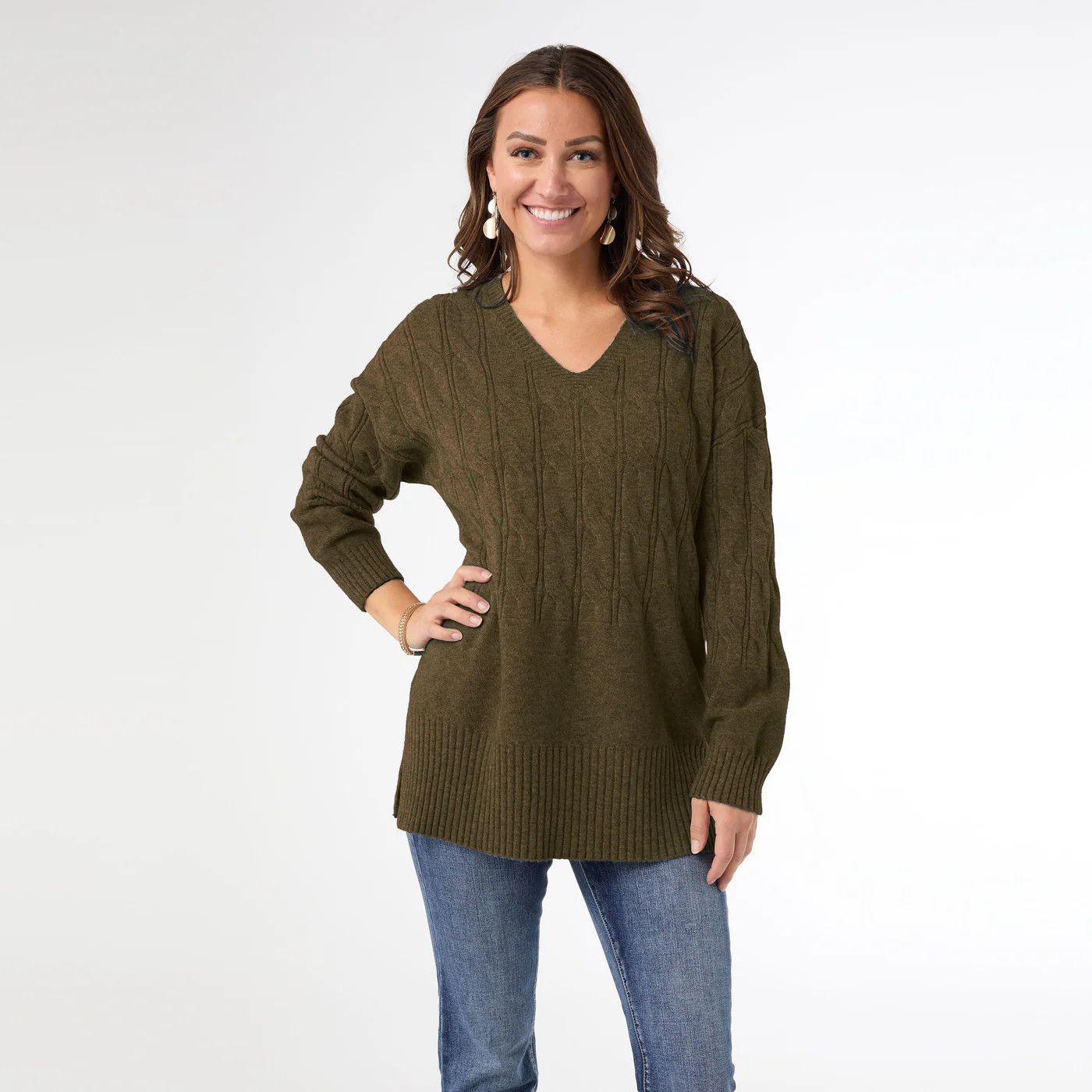 Coco + Carmen Heavenly-Luxe V Neck Cable Sweater with Rib Bottom: