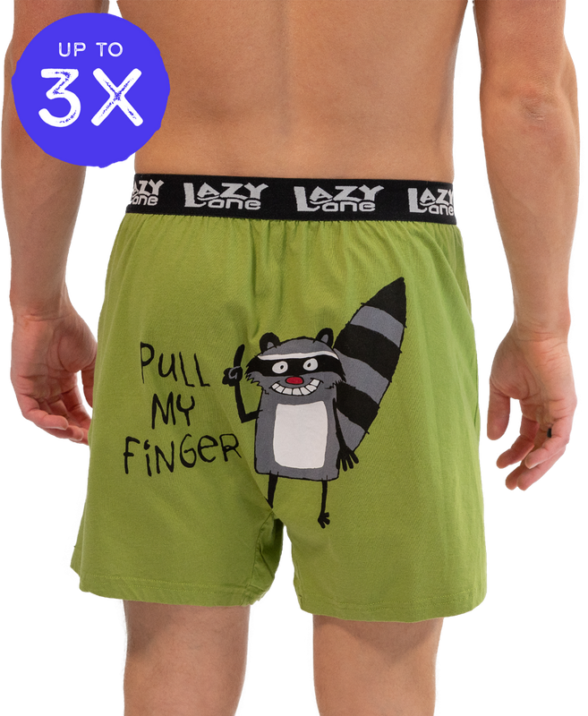 ^(P) Lazy One: Pull My Finger Men's Funny Raccoon Boxer