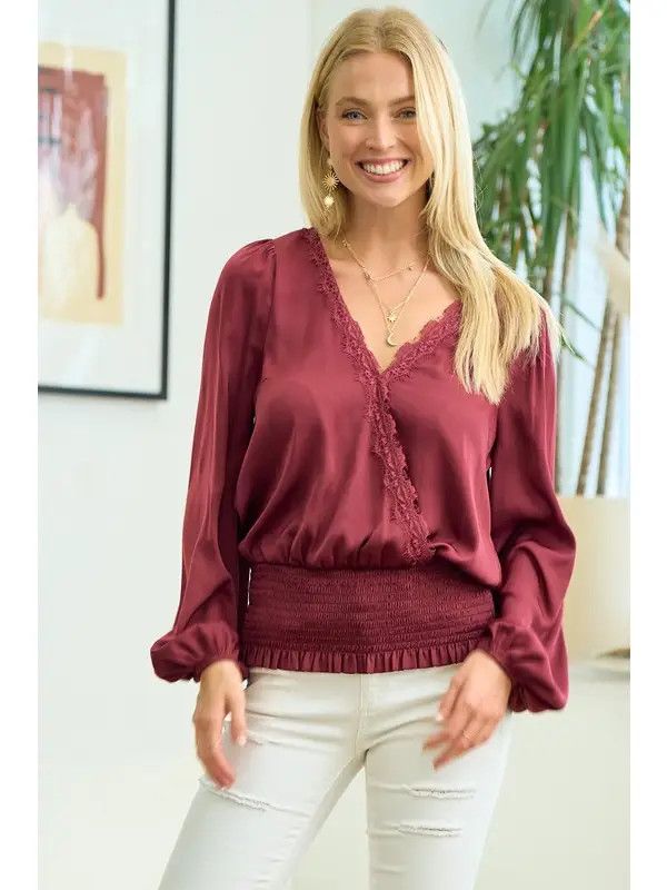 ^Smocked Waist Surplice Top w/ Lace:, Color: Wine:, Size: Small