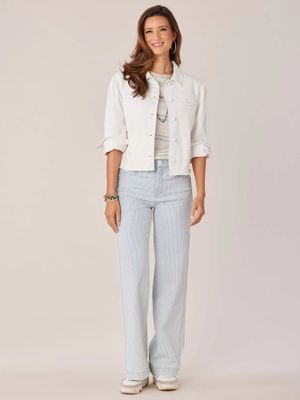 ^Democracy Long Puff Sleeve Button Down Fray Hem Denim Jacket: