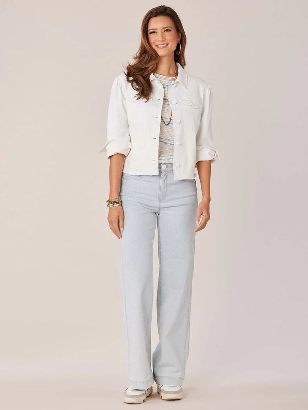 ^Democracy Long Puff Sleeve Button Down Fray Hem Denim Jacket: